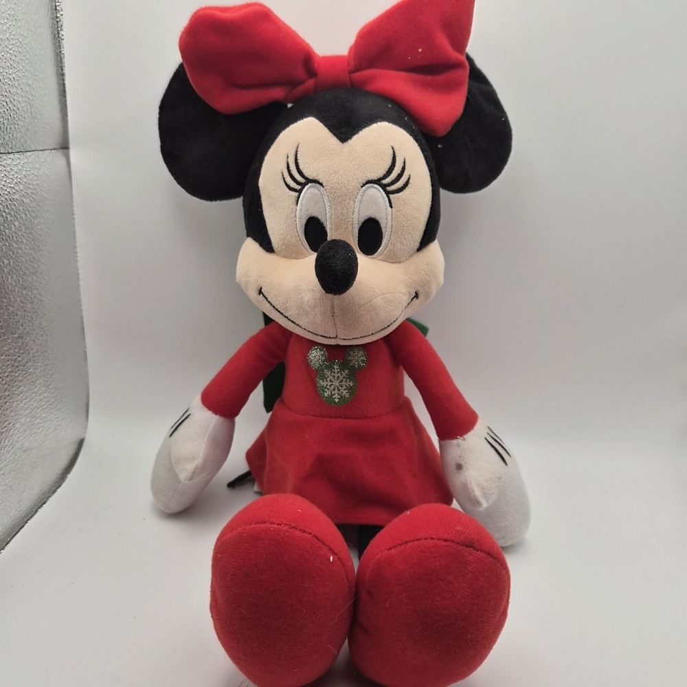 Disney Minnie Mouse Christmas Holiday Plush Doll Red Dress Green Scarf 14"
